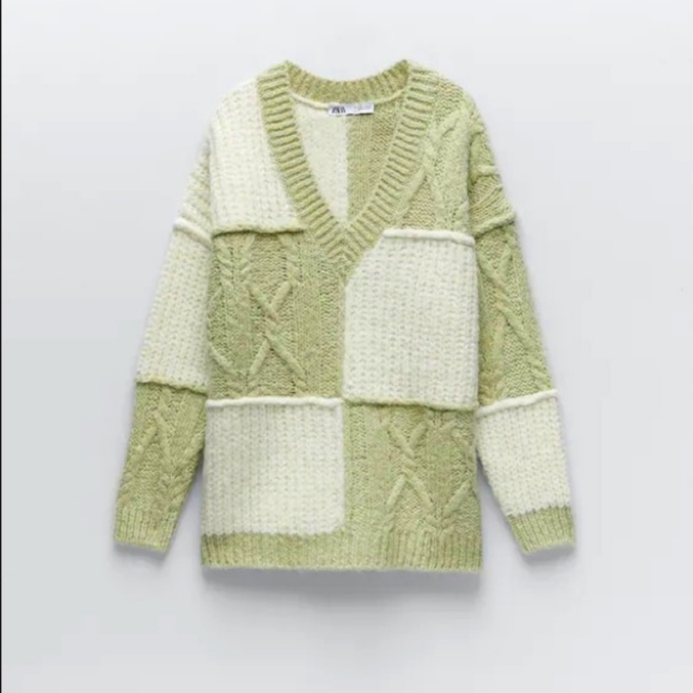 NWT Zara Blogger's Favorite Patchwork Sweater Green Cream Size Small